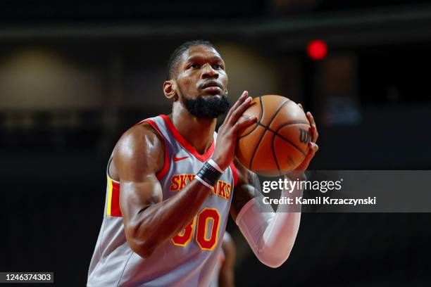 Chris Silva of the College Park Skyhawks shoots a free throw against the Windy City Bulls during the first half of an NBA G-League game on January...