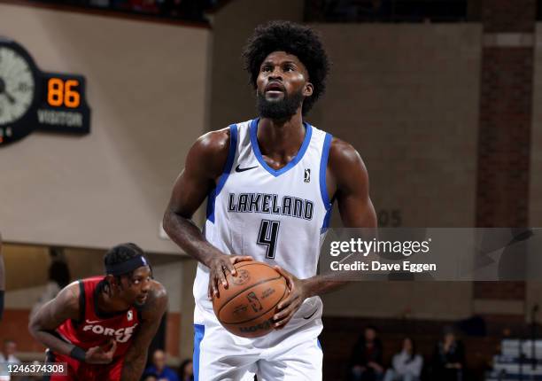 January 19: Jonathan Isaac of the Lakeland Magic shoots a free throw against the Sioux Falls Skyforce at the Sanford Pentagon on January 19, 2023 in...