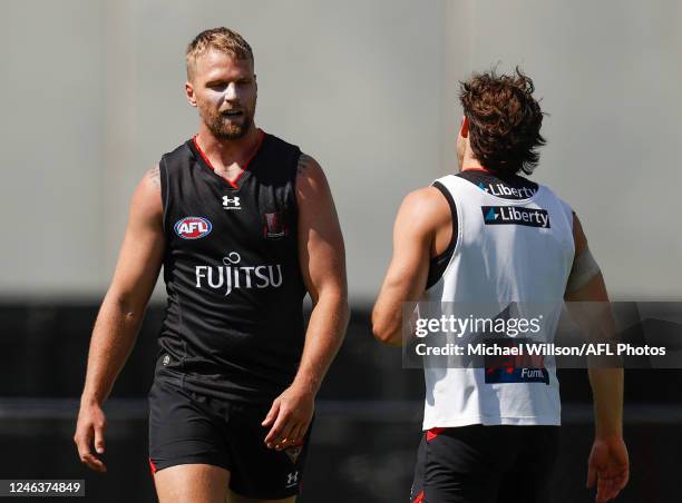 Jake Stringer of the Bombers is seen after an altercation with teammate Mason Redman during the Essendon Bombers training session at The Hangar on...