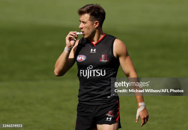 Zach Merrett of the Bombers in action during the Essendon Bombers training session at The Hangar on January 20, 2023 in Melbourne, Australia.