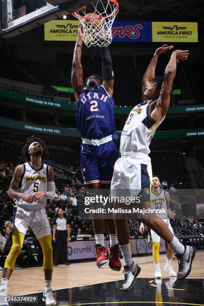 Salt Lake City, UT Tyler Cook of the Salt Lake City Stars goes up for the dunk against Tevin Brown and Jermaine Samuels Jr. #23 of the Fort Wayne Mad...