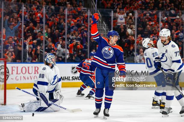 Edmonton Oilers Center Ryan McLeod celebrates his tip goal in the first period of the Edmonton Oilers game versus the Tampa Bay Lightning on January...