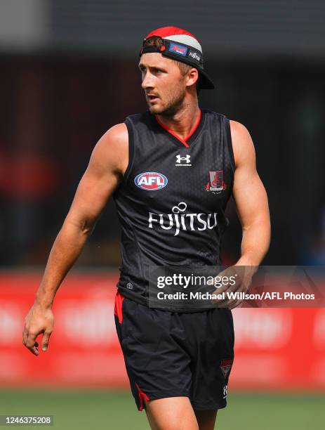 Tom Phillips of the Bombers looks on during the Essendon Bombers training session at The Hangar on January 20, 2023 in Melbourne, Australia.