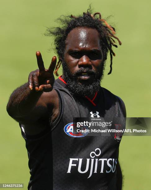Anthony McDonald-Tipungwuti of the Bombers is seen during the Essendon Bombers training session at The Hangar on January 20, 2023 in Melbourne,...