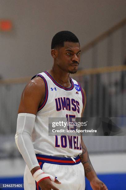 UMass Lowell River Hawks forward Allin Blunt looks on during a college basketball game between the UMBC Retrievers and the UMass Lowell River Hawks...