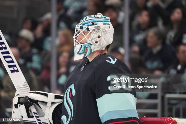 Seattle Kraken goaltender Martin Jones looks down the ice during an NHL game between the New Jersey Devils and the Seattle Kraken on January 19, 2023...