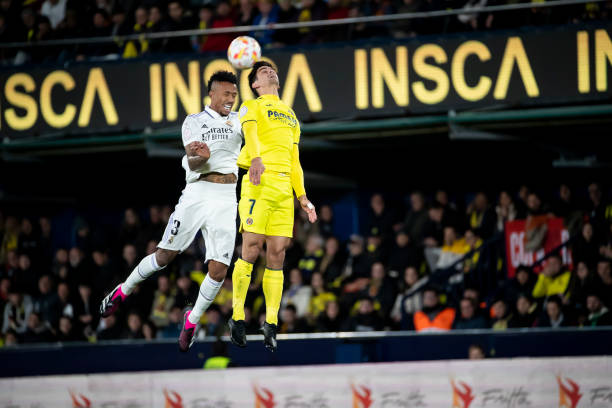 Eder Gabriel Militao of Real Madrid and Villarreal's Gerard Moreno during spainsh King Cup match between Villarreal CF and Real Madrid at La Ceramica...