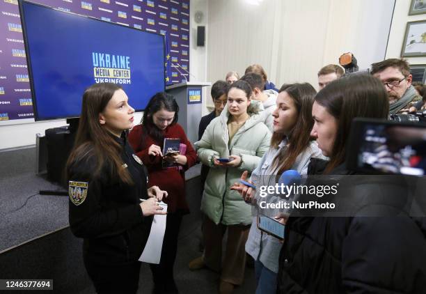 Maryana Reva, spokeswoman for the National Police answers journalists questions during Ukraine's National Police briefing on helicopter crash in...