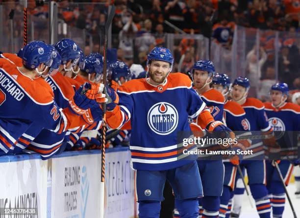 Leon Draisaitl of the Edmonton Oilers celebrates a power play goal in the first period against the Tampa Bay Lightning at Rogers Place on January 19,...