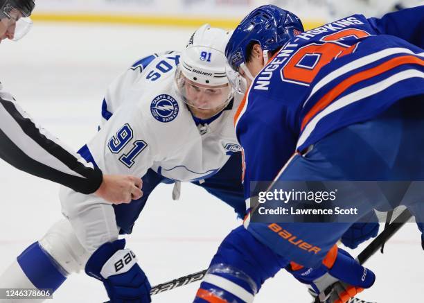 Steven Stamkos of the Tampa Bay Lightning set for a face off in the first period against the Edmonton Oilers at Rogers Place on January 19, 2023 in...