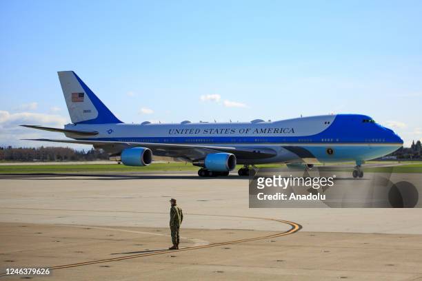 Air Force One, carrying U.S. President Joe Biden, arrives at Moffett Federal Airfield in Mountain View, California, USA on January 19, 2023....