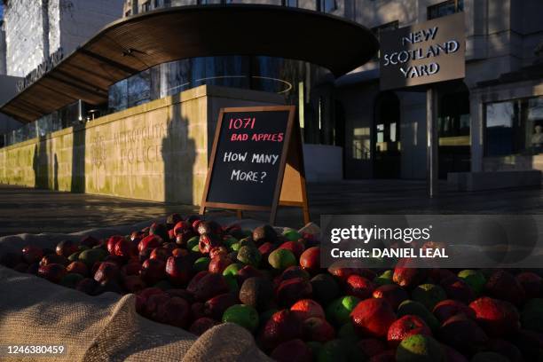 Mock rotten apples are pictured outside New Scotland Yard, the headquarters of Britain's Metropolitan Police force, in London on January 20 to...