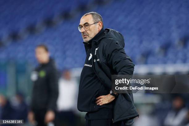 Head Coach Maurizio Sarri of SS Lazio looks on during the Coppa Italia match between SS Lazio and Bologna at Olimpico Stadium on January 19, 2023 in...