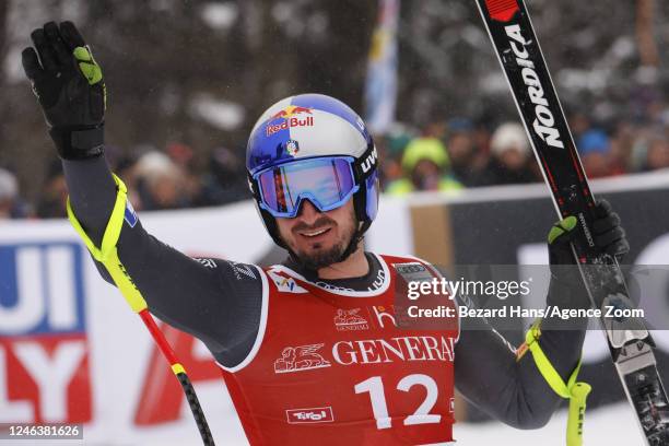 Dominik Paris of Team Italy celebrates during the Audi FIS Alpine Ski World Cup Men's Downhill on January 20, 2023 in Kitzbuehel, Austria.