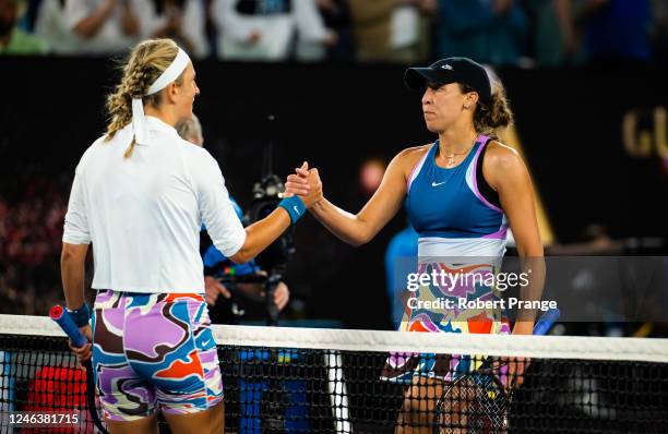 Victoria Azarenka of Belarus and Madison Keys of the United States shake hands at the net after their third round match on Day 5 of the 2023...