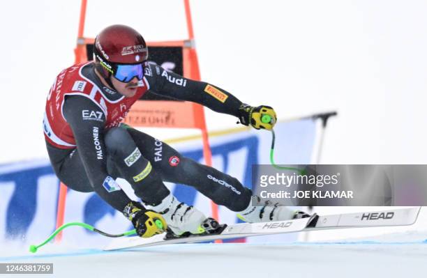 Italy's Guglielmo Bosca races during the men's downhill competition of the FIS Ski World Cup in Kitzbuehel, Austria, on January 20, 2023.