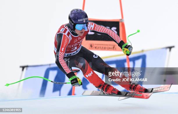 Canada's Brodie Seger races during the men's downhill competition of the FIS Ski World Cup in Kitzbuehel, Austria, on January 20, 2023.