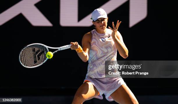 Iga Swiatek of Poland in action against Cristina Bucsa of Spain in her third round match on Day 5 of the 2023 Australian Open at Melbourne Park on...