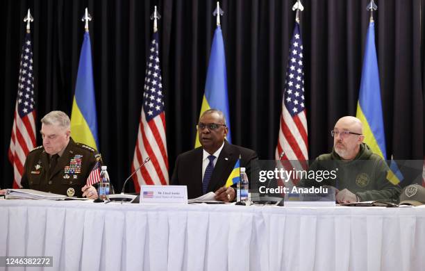 Ukrainian Defense Minister Oleksii Reznikov , United States Defense Secretary Lloyd Austin and US Chief of Staff Gen. Mark Milley attend the Ukraine...