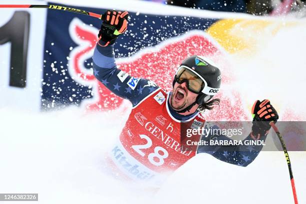 Jared Goldberg reacts in the finish area during the men's downhill competition of the FIS Ski World Cup in Kitzbuehel, Austria, on January 20, 2023....
