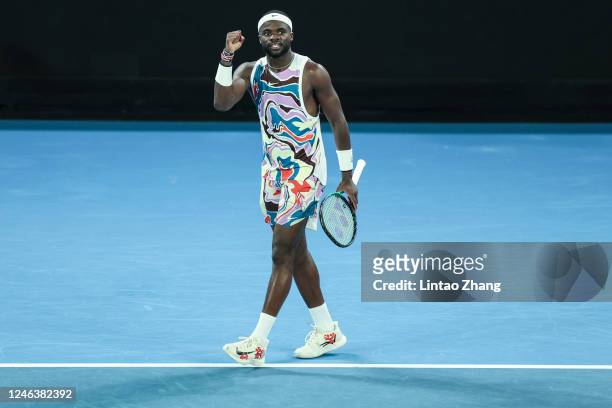 Frances Tiafoe of the United States celebrates after winning a point during the third round singles match against Karen Khachanov during day five of...