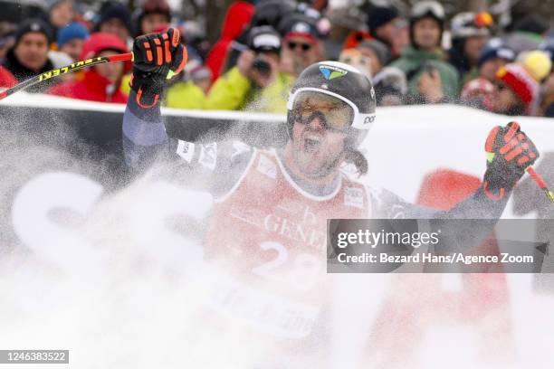 Jared Goldberg of Team United States celebrates during the Audi FIS Alpine Ski World Cup Men's Downhill on January 20, 2023 in Kitzbuehel, Austria.