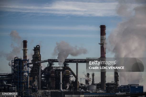 This photograph taken on January 20 shows a view of the TotalEnergies oil refinery in Donges, western France.