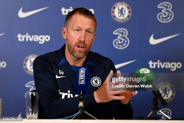 Graham Potter of Chelsea during a press conference at Chelsea Training Ground on January 20, 2023 in Cobham, England.