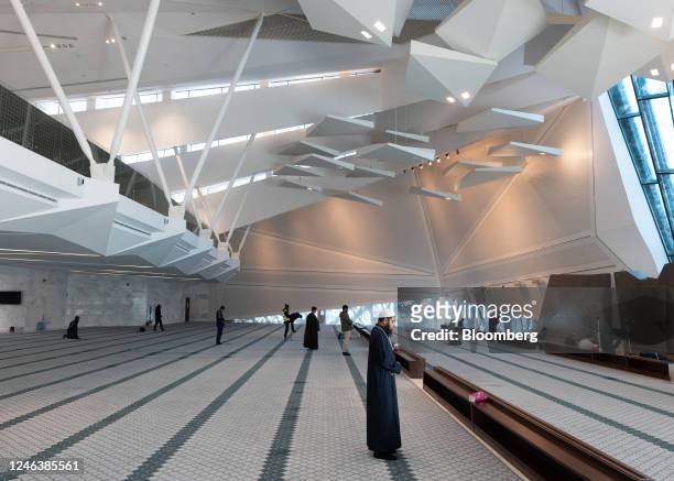 Worshipers pray inside the KAFD Grand Mosque in the King Abdullah Financial District in Riyadh, Saudi Arabia, on Thursday, Jan. 19, 2023. Mostly shut...