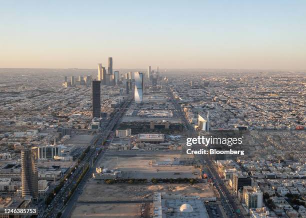 Skyscraper offices in the King Abdullah Financial District , on the city skyline beyond residential and commercial buildings, viewed from the Kingdom...