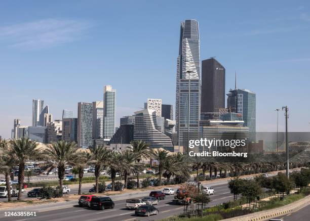 Skyscraper office buildings beyond a freeway in the King Abdullah Financial District in Riyadh, Saudi Arabia, on Thursday, Jan. 19, 2023. Mostly shut...