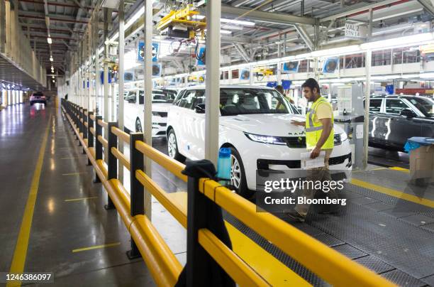 Range Rover Sport sports utility vehicle at the end of the production line at Tata Motors Ltd.'s Jaguar Land Rover vehicle manufacturing plant in...