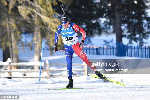 Quentin Fillon Maillet of France competes during the Men 10 km Sprint at the BMW IBU World Cup Biathlon Antholz-Anterselva on January 20, 2023 in...