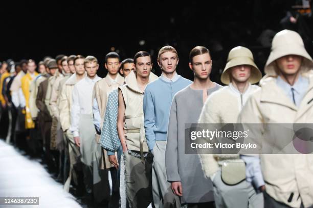 Models walk the runway during the finale of the Dior Homme Menswear Fall-Winter 2023-2024 show as part of Paris Fashion Week on January 20, 2023 in...