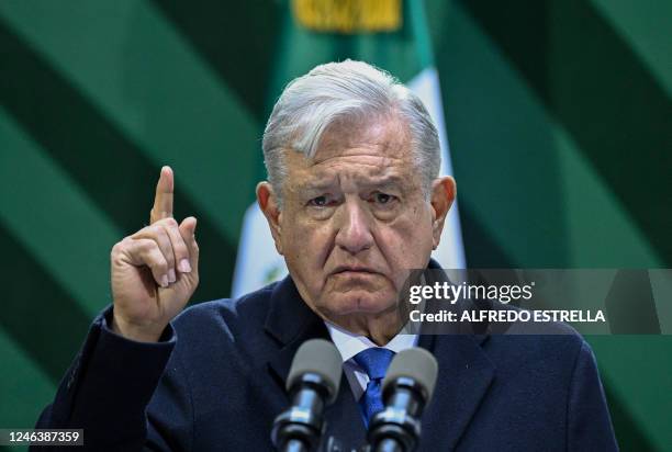 Mexican President Andres Manuel Lopez Obrador gestures during a press conference in Mexico City on January 20, 2023. - The president gave details of...