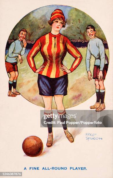 Vintage postcard illustration by British artist Fred Spurgin featuring a shapely female footballer admired by two male players, published in London,...