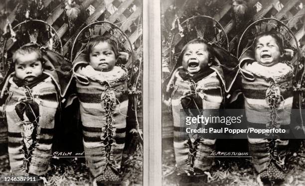 Vintage postcard featuring two native American children, when calm and when tempestuous, in their cradle boards, also known as a papoose, circa 1920.