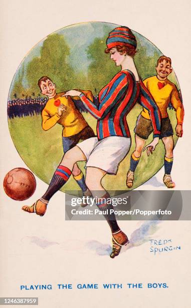 Vintage postcard illustration by British artist Fred Spurgin featuring a female footballer "playing the game with the boys", published in London,...