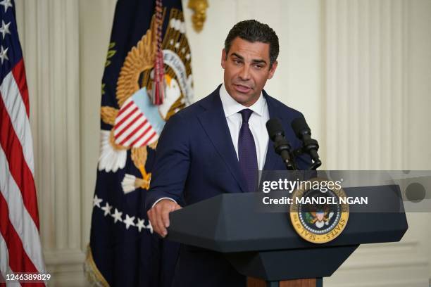 President of the US Conference of Mayors and Miami, Florida, Mayor Francis Suarez speaks during an event of bipartisan mayors attending the...