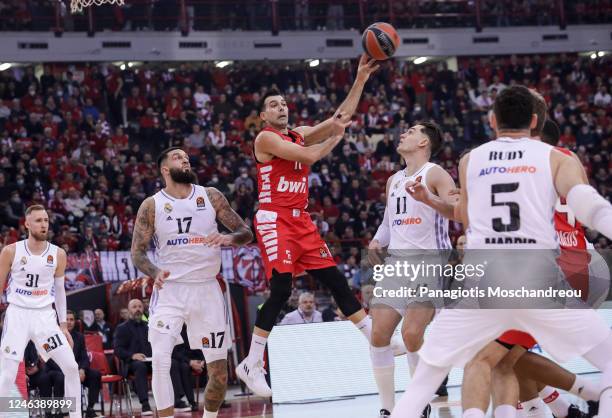 Kostas Sloukas, #11 of Olympiacos Piraeus in action during the 2022-23 Turkish Airlines EuroLeague Regular Season Round 20 game between Olympiacos...