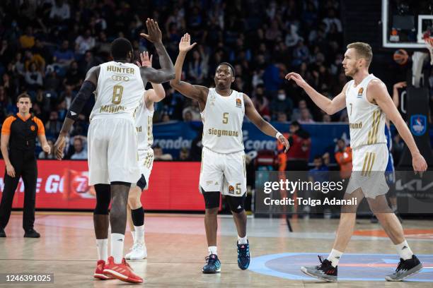 Cassius Winston, #5 , Othello Hunter, #8 and Niels Giffey, #7 of FC Bayern Munich in action during the 2022-23 Turkish Airlines EuroLeague Regular...