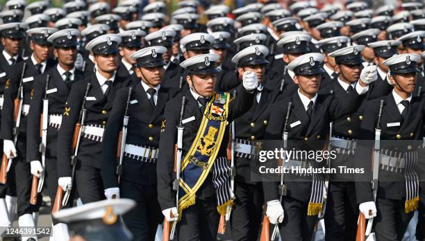 Indian Navy Armed forces Contingent rehearses for the Republic Day Parade 2023 at the Kartavya Path on January 20, 2023 in New Delhi, India.