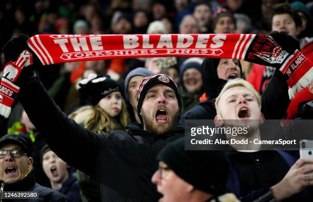 Sheffield United fans sing during the Sky Bet Championship between Sheffield United and Hull City at Bramall Lane on January 20, 2023 in Sheffield,...