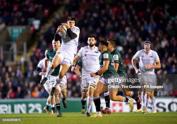 Ospreys' Joe Hawkins catches the ball during the Heineken Champions Cup match at Mattioli Woods Welford Road, Leicester. Picture date: Friday January...