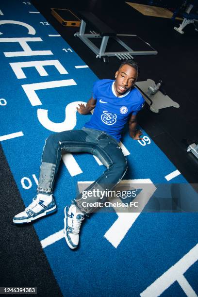 Chelsea unveil new signing Noni Madueke at Chelsea Training Ground on January 20, 2023 in Cobham, England.