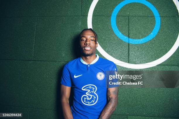 Chelsea unveil new signing Noni Madueke at Chelsea Training Ground on January 20, 2023 in Cobham, England.