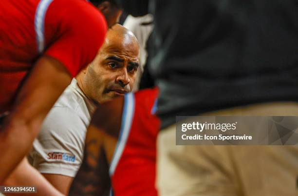 Loyola Marymount Lions head coach Stan Johnson talks to his team during the game between the Loyola Marymount Lions and the Gonzaga Bulldogs on...