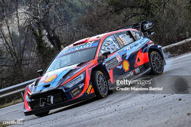 Daniel Sordo of Spain and Candido Carrera of Spain are compete in their Hyundai Shell Mobis WRT Hyundai i20 N Rally1 Hybrid during day two of the FIA...