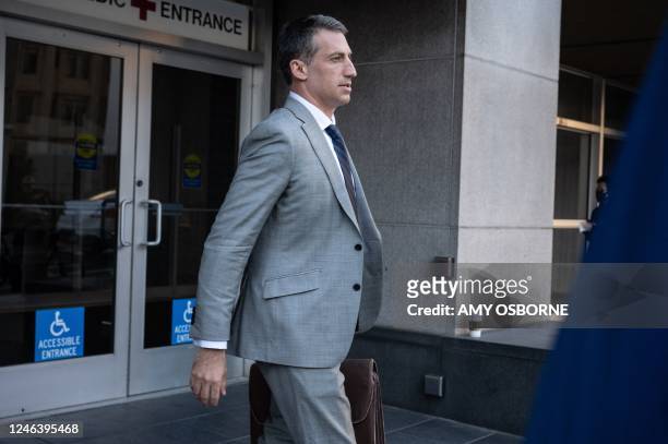 Alex Spiro, one of Elon Musk's defense attorneys, leaves the Phillip Burton Federal Building and US Courthouse in San Francisco, California, on...