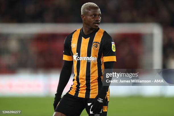 Jean Michael Seri of Hull City during the Sky Bet Championship between Sheffield United and Hull City at Bramall Lane on January 20, 2023 in...